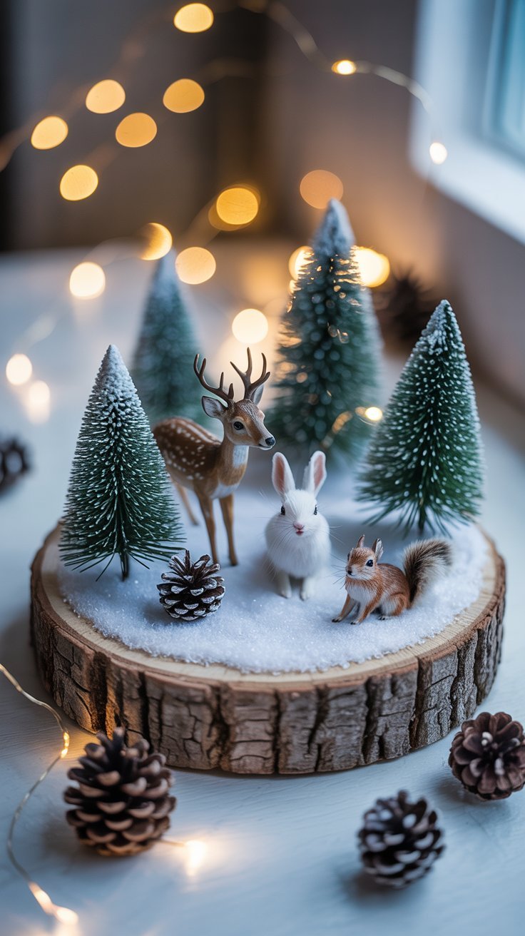 Scene de foret miniature avec des animaux sur une rondelle de bois
