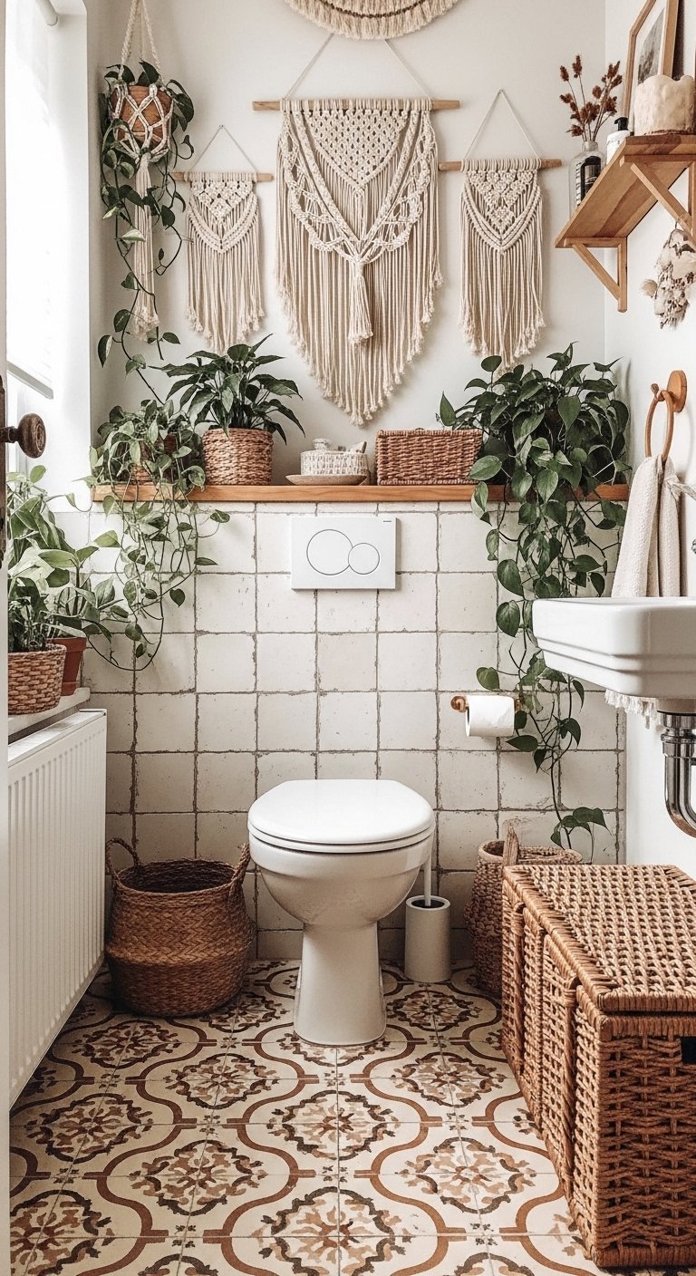 Sol en carreaux de ciment terracotta dans une salle de bain bohème avec plantes
