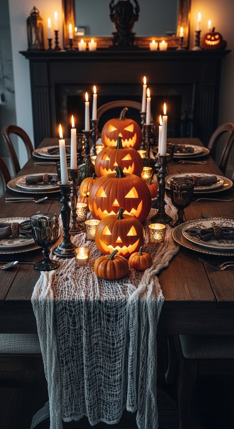 Table en bois rustique avec citrouilles jack o lantern lumineuses