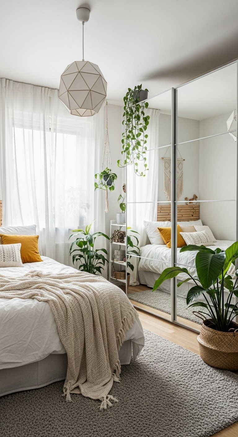 Armoire avec grandes portes miroir reflétant le lit