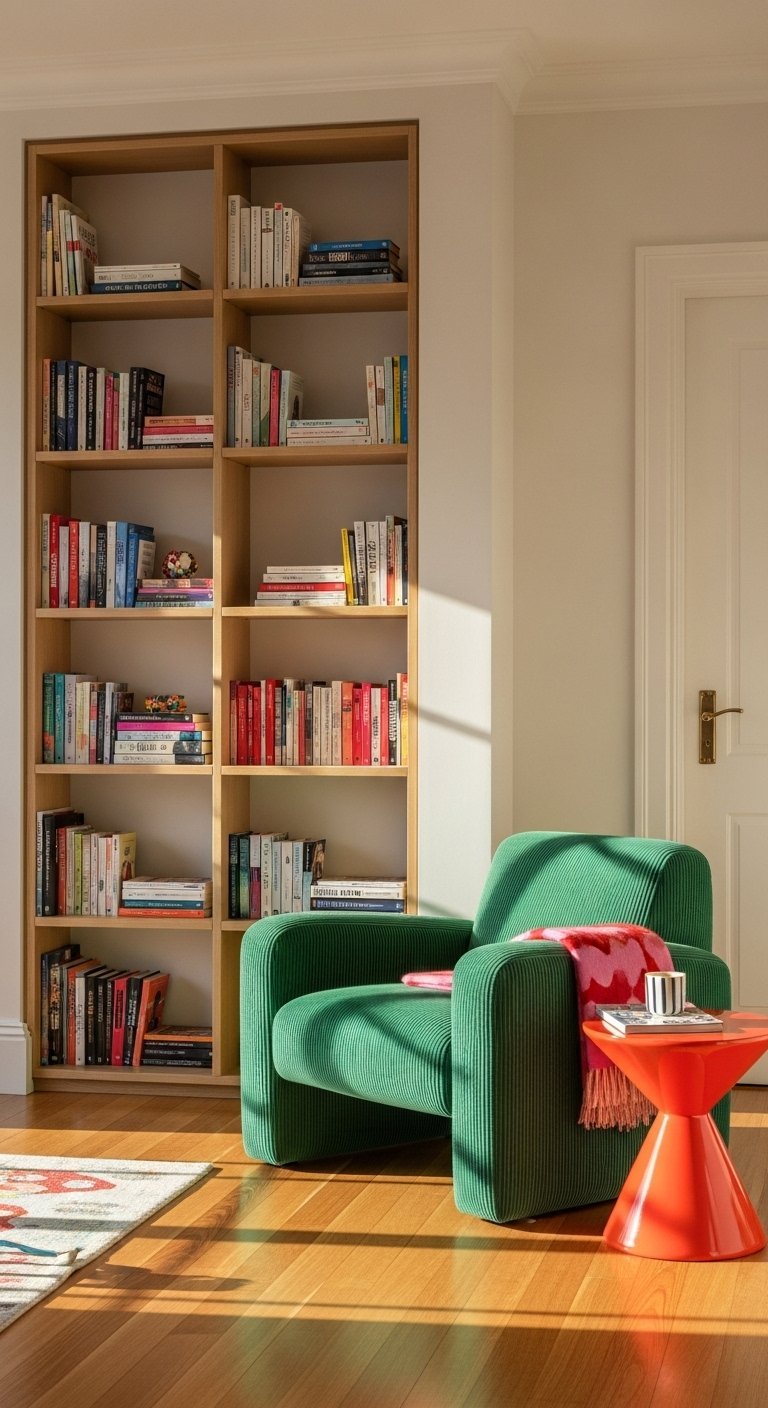 Bibliotheque en bois clair avec un fauteuil design vert a cote
