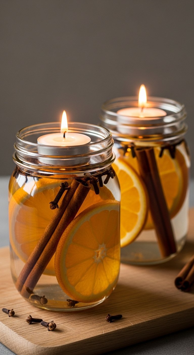 Bougies chauffe plat flottant dans des bocaux avec oranges et cannelle