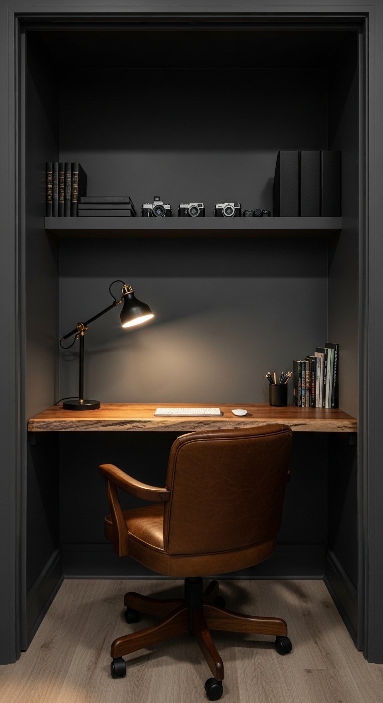 Bureau avec plateau en bois brut chaise en cuir marron et murs sombres
