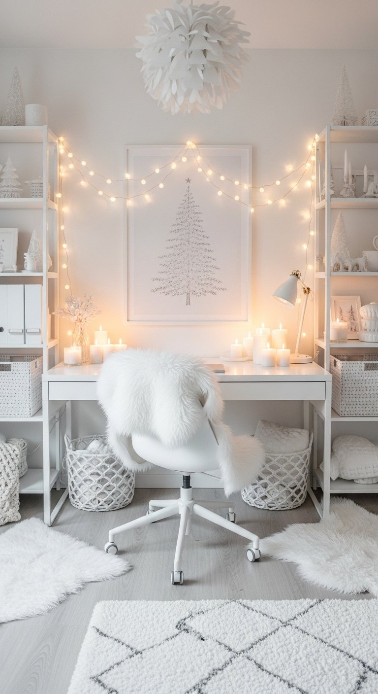 Bureau blanc avec guirlandes lumineuses et décorations hivernales blanches
