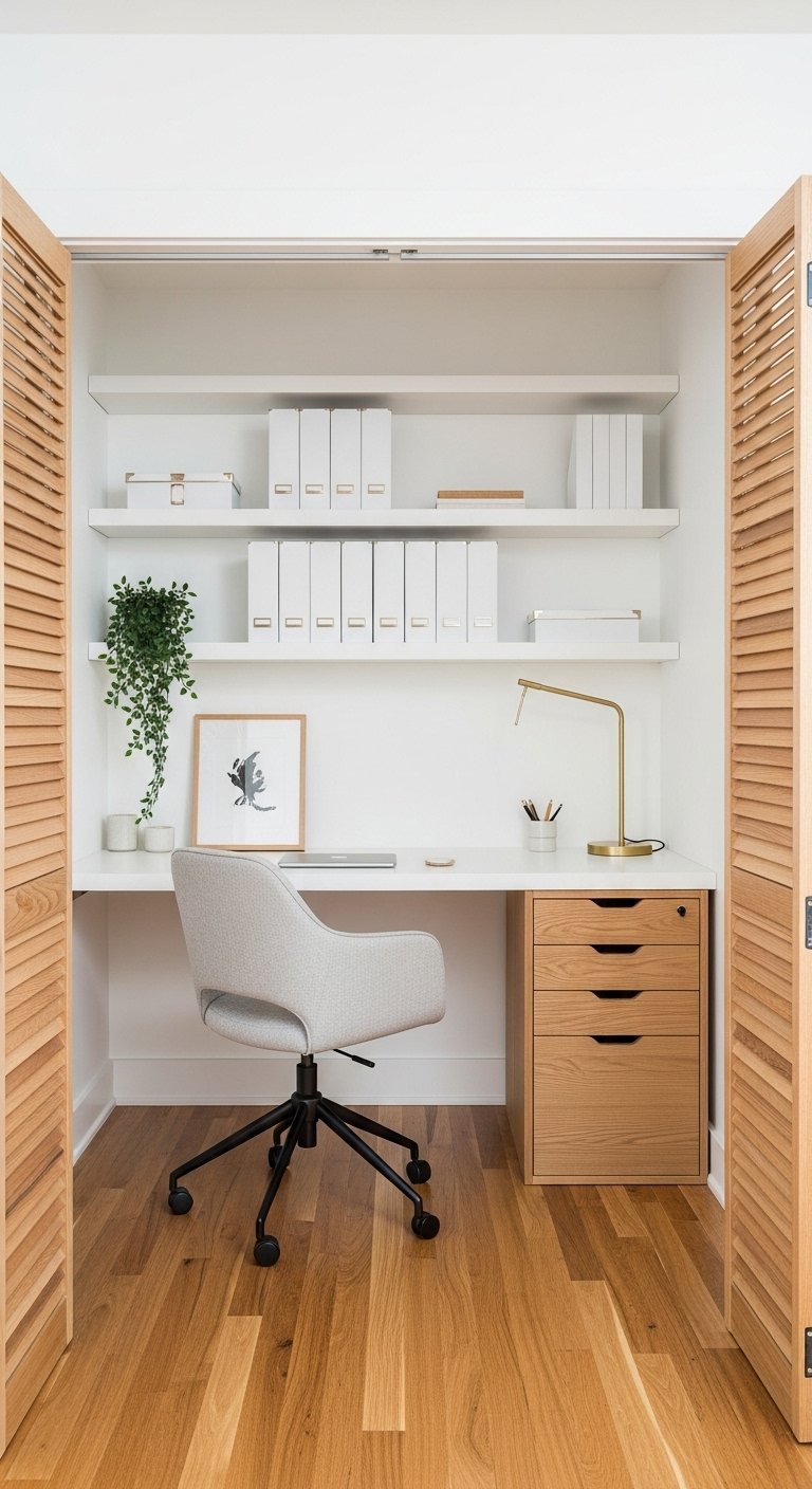 Bureau dans un placard avec portes persiennes en bois et caisson à tiroirs