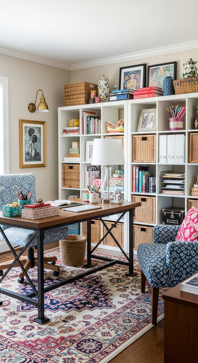 Bureau en bois devant une bibliothèque blanche remplie de paniers en osier colorés