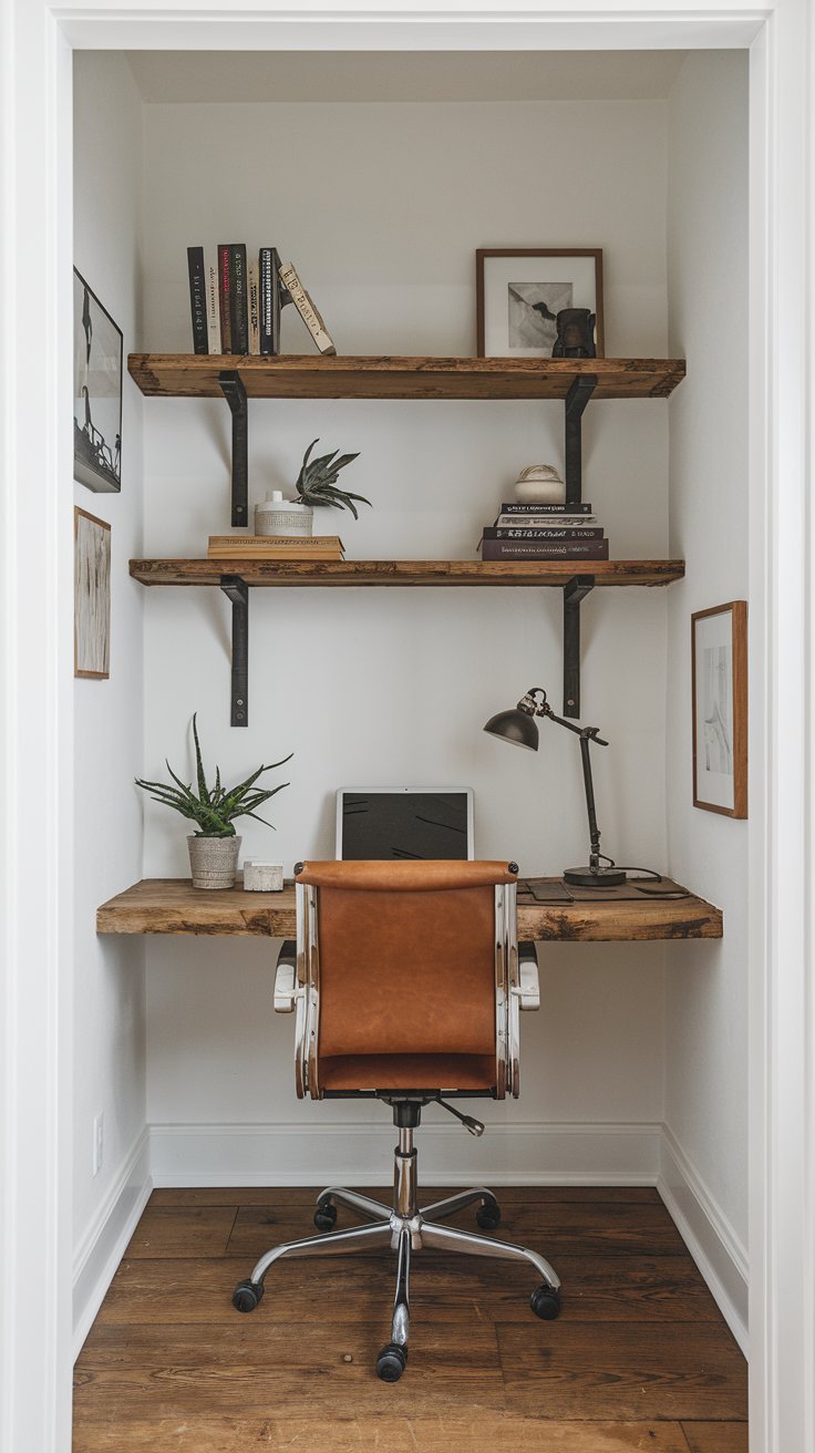 Bureau flottant en bois brut avec chaise en cuir et étagères industrielles dans une niche
