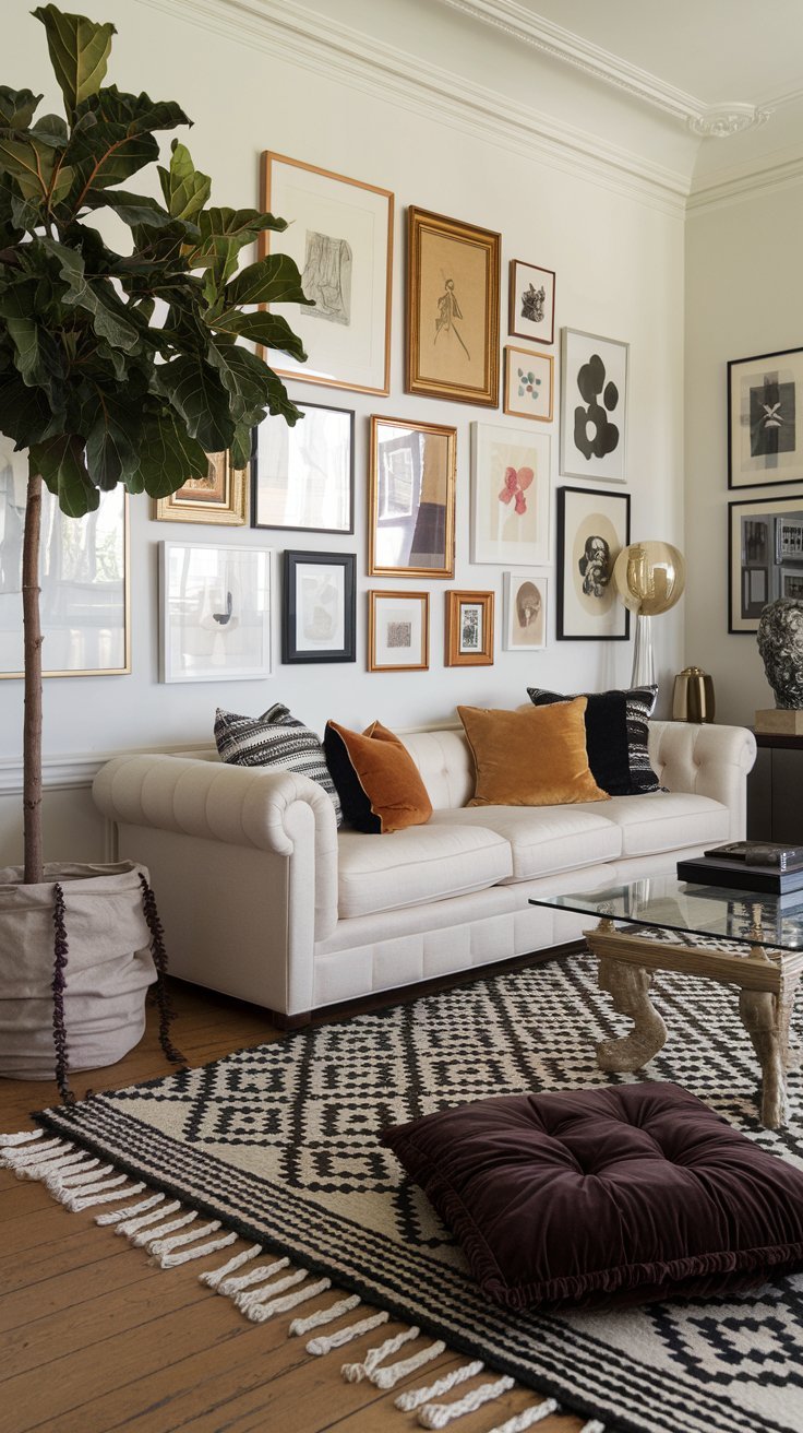 Canapé chesterfield blanc devant un mur galerie éclectique avec tapis graphique