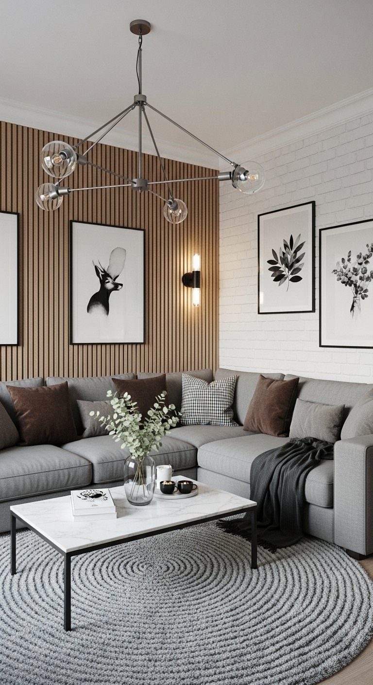 Canapé d angle gris devant un mur d accent en lattes de bois