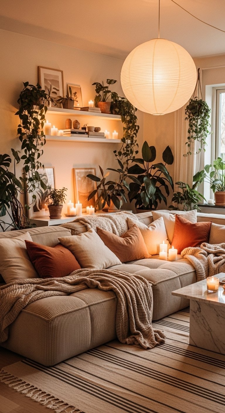 Canapé sectionnel beige éclairé par des bougies avec plantes vertes
