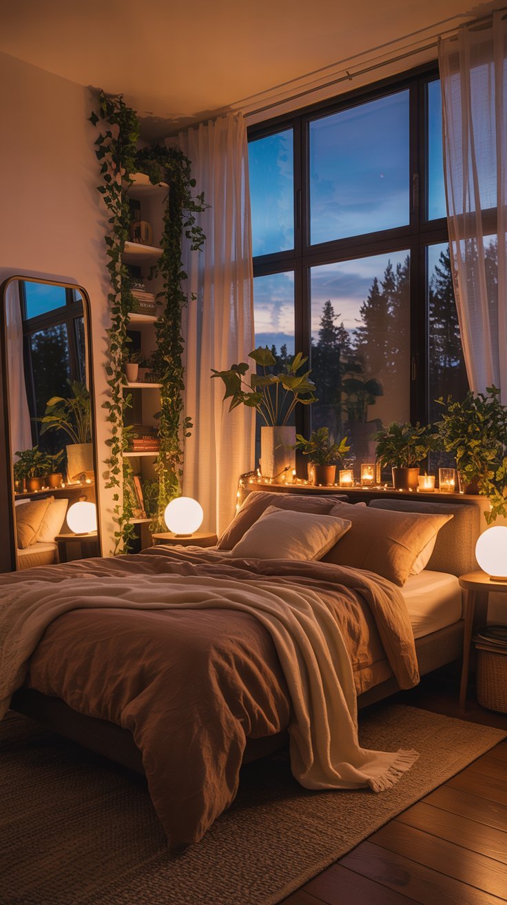 Chambre à l ambiance tamisée avec vue sur la forêt au crépuscule