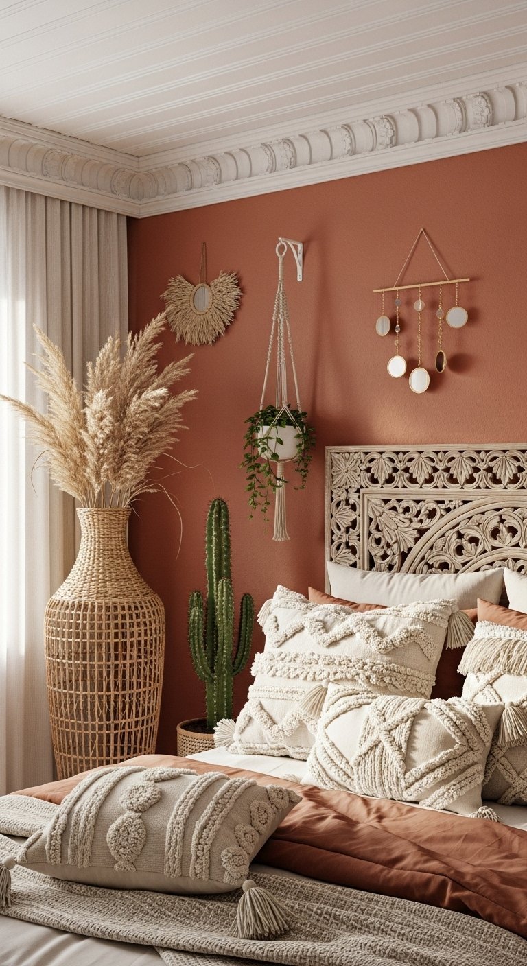 Chambre bohème avec tête de lit sculptée et mur terracotta