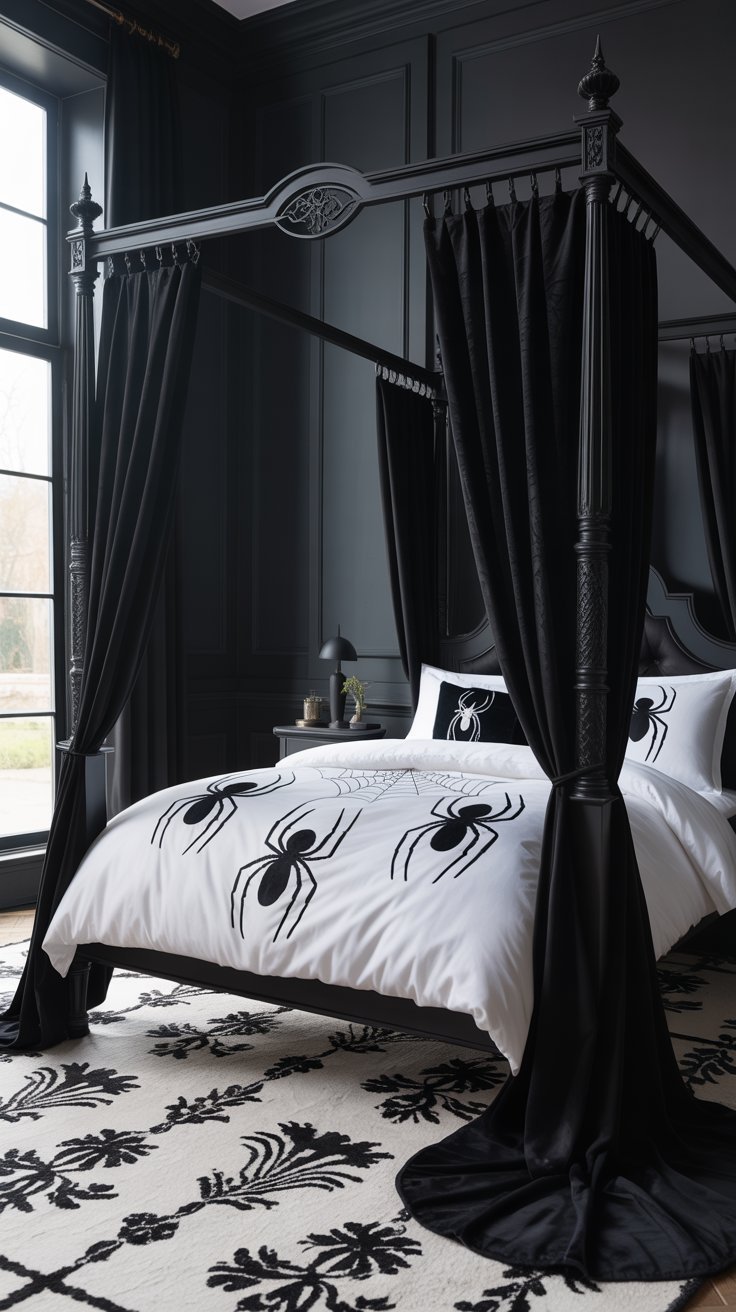 Chambre chic avec lit à baldaquin noir et linge de lit à motifs d araignées