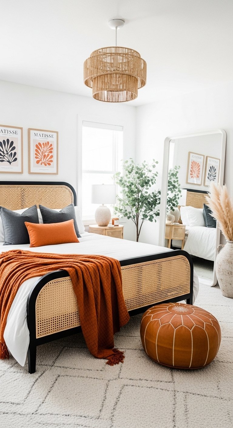 Chambre moderne avec lit en cannage à structure noire et pouf en cuir