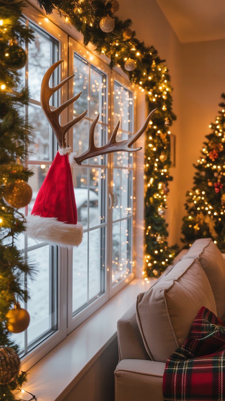 Chapeau de pere noel accroche a des bois de cerf sur une fenetre