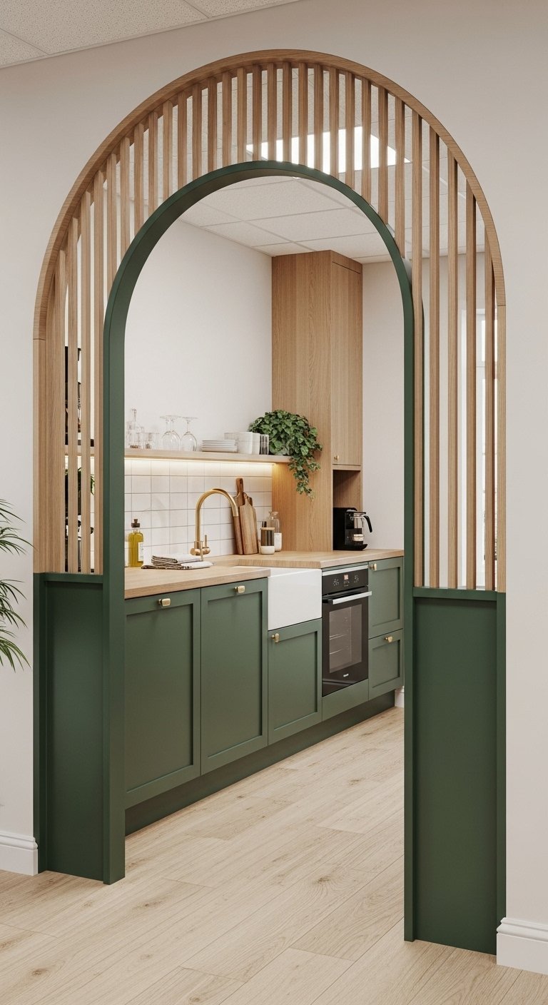 Claustra en bois formant une arche vers une cuisine vert foncé
