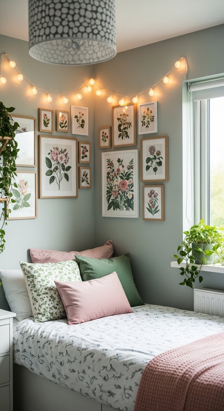 Coin de chambre avec mur de cadres botaniques et coussins roses