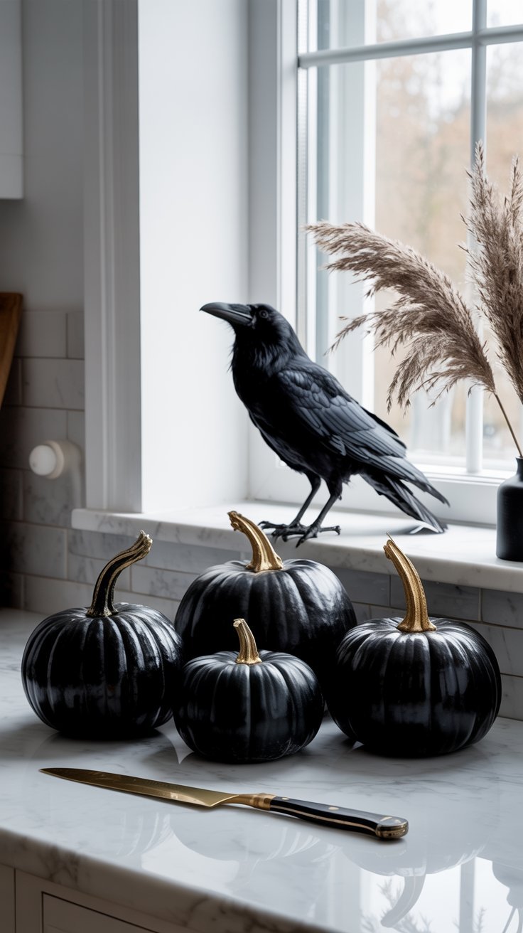 Corbeau noir et citrouilles noires aux tiges dorées sur un comptoir de cuisine
