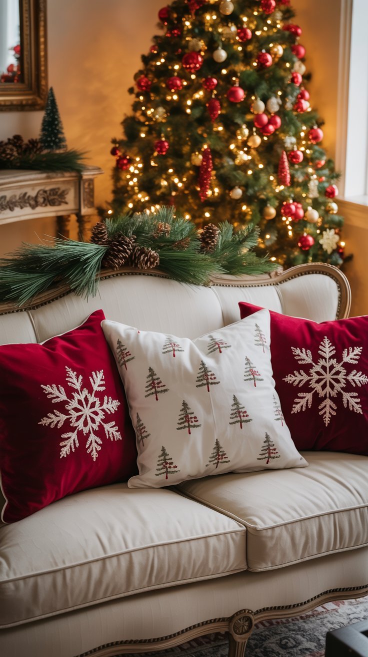 Coussins de Noël rouges et blancs sur un canapé beige
