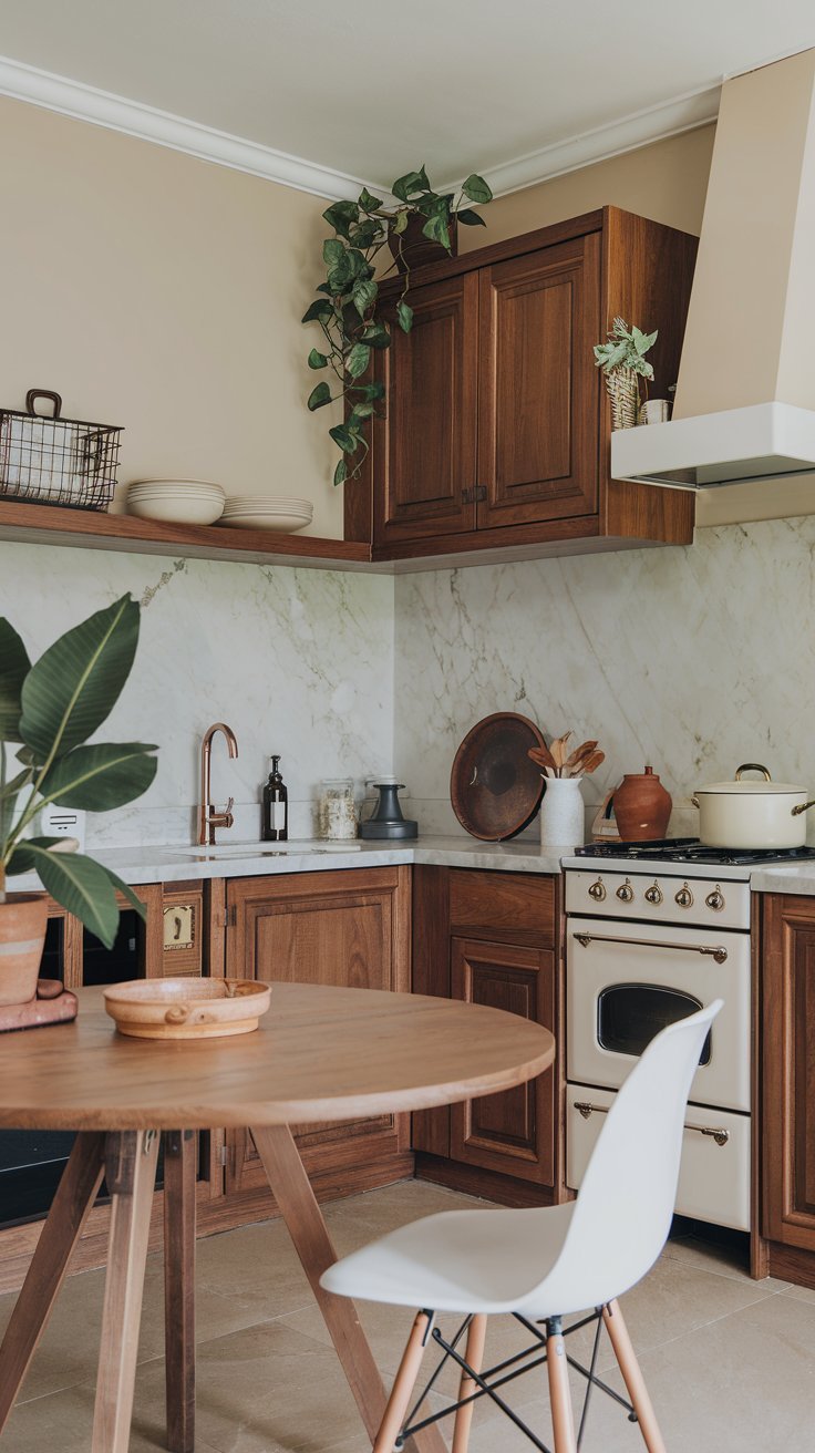 Cuisine en bois de noyer avec crédence en marbre blanc