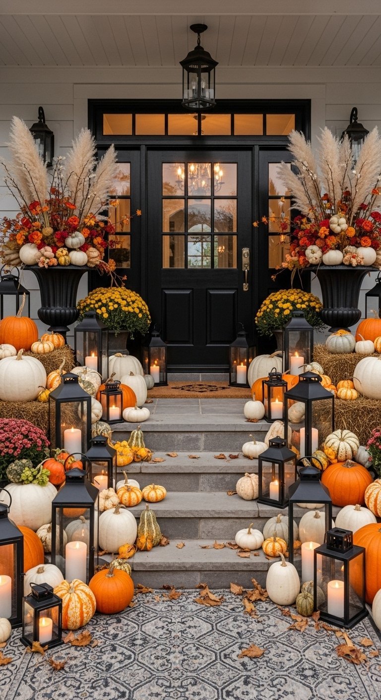 Entree de maison decoree avec de nombreuses citrouilles et des lanternes pour l automne