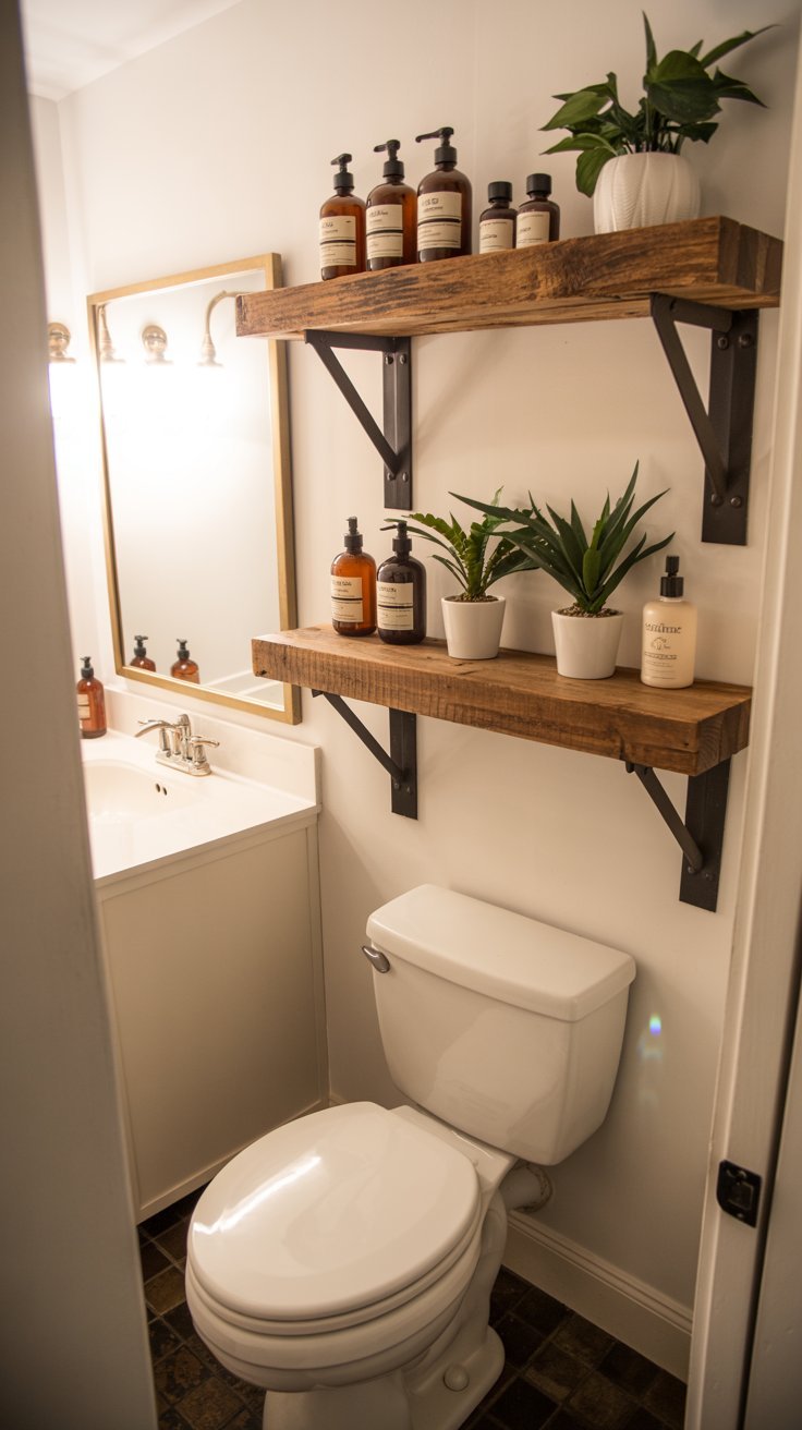 Étagères murales rustiques en bois au dessus des toilettes