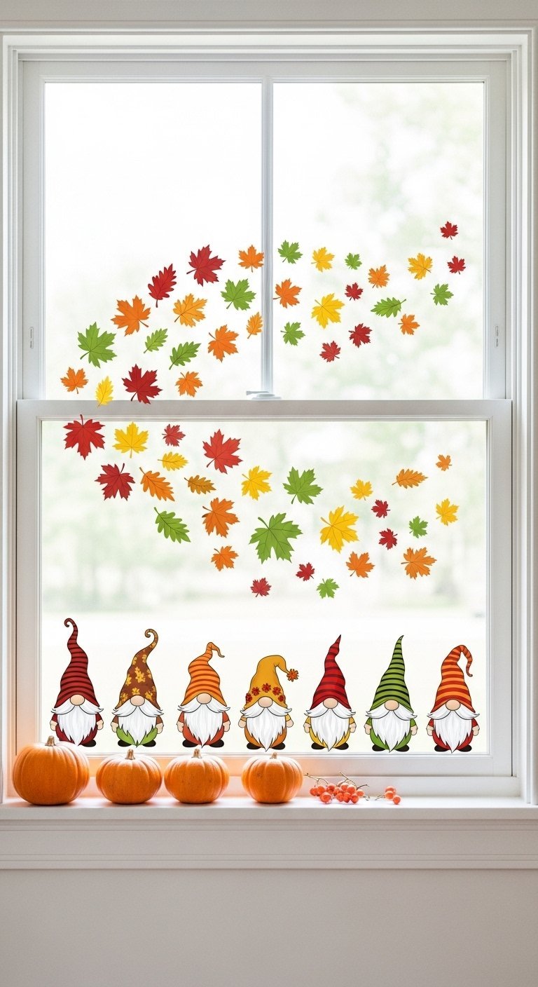 Gnomes et citrouilles sur un rebord de fenetre avec des autocollants de feuilles
