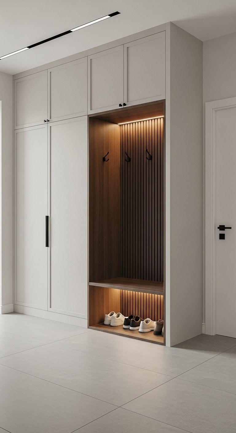 Grand placard blanc avec une niche en bois integree pour s asseoir et suspendre des manteaux