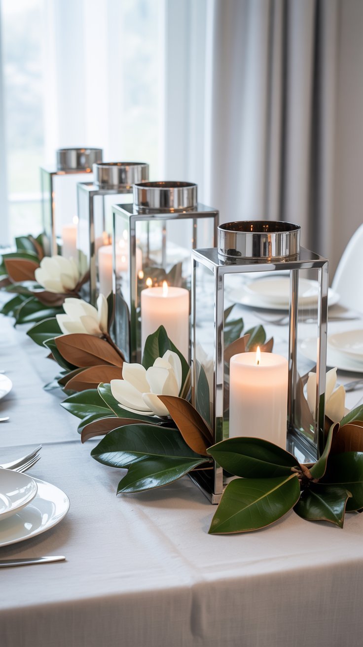Lanternes argentées modernes avec bougies et guirlande de feuilles de magnolia