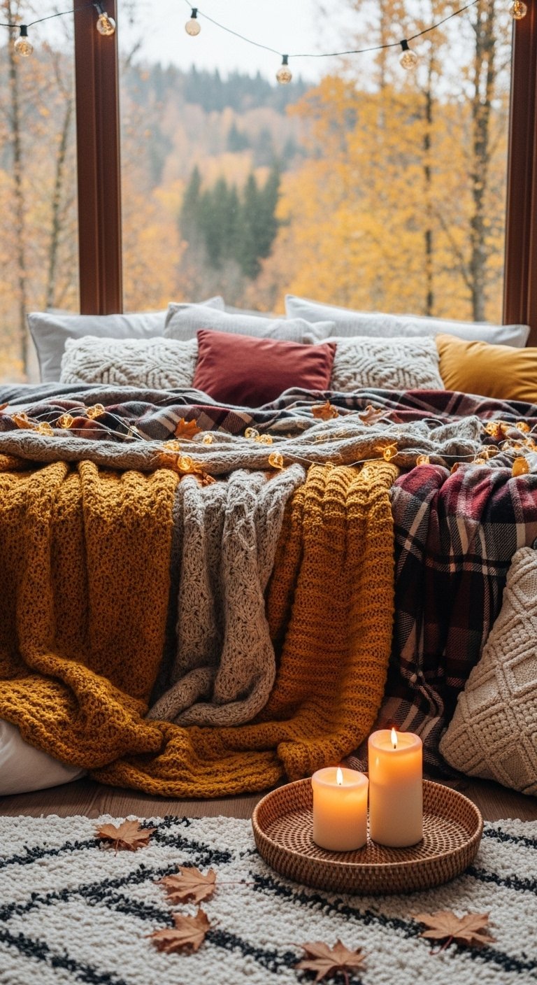 Lit avec plusieurs plaids devant une grande fenetre donnant sur une foret d automne