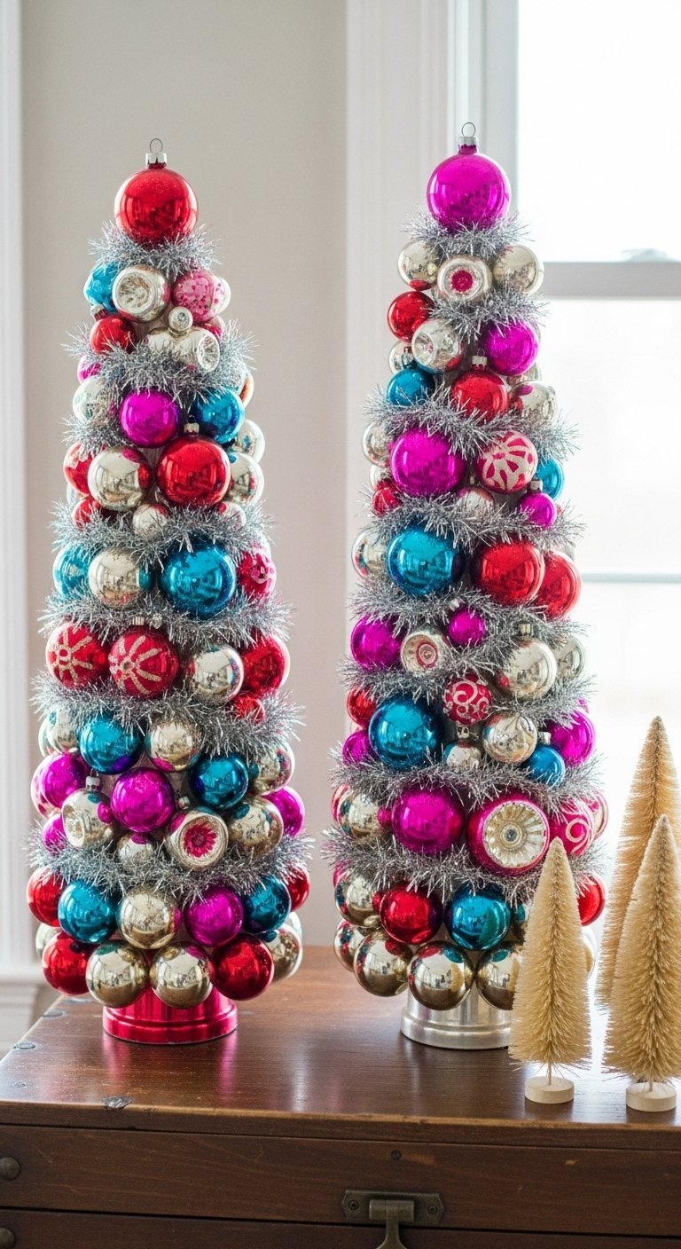 Mini sapins de Noël faits avec des boules de décoration vintage multicolores