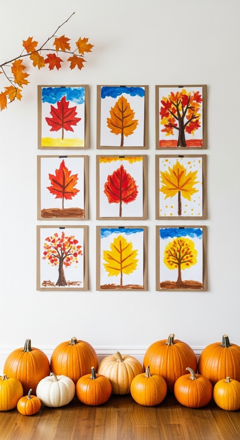 Mur blanc avec neuf dessins d automne d enfants au dessus d une rangée de citrouilles