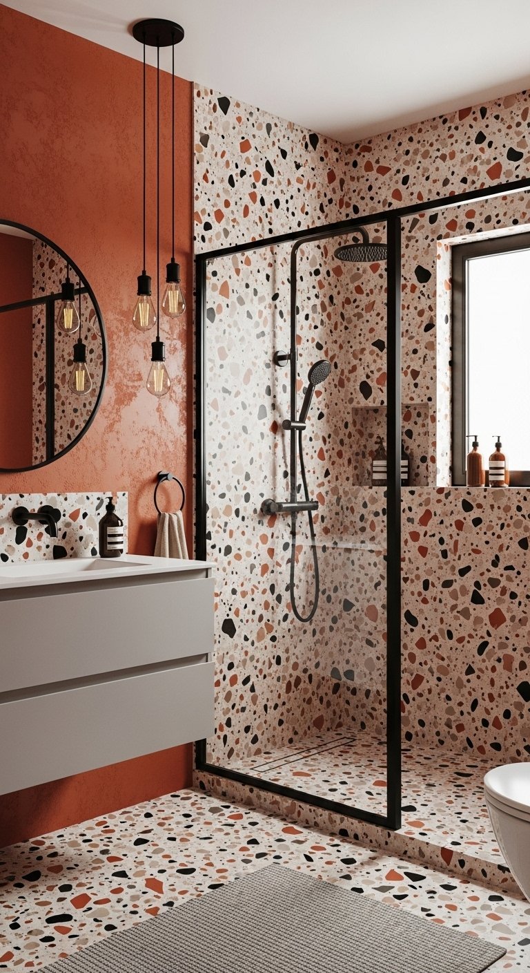Mur terracotta avec douche et sol en terrazzo et meuble gris