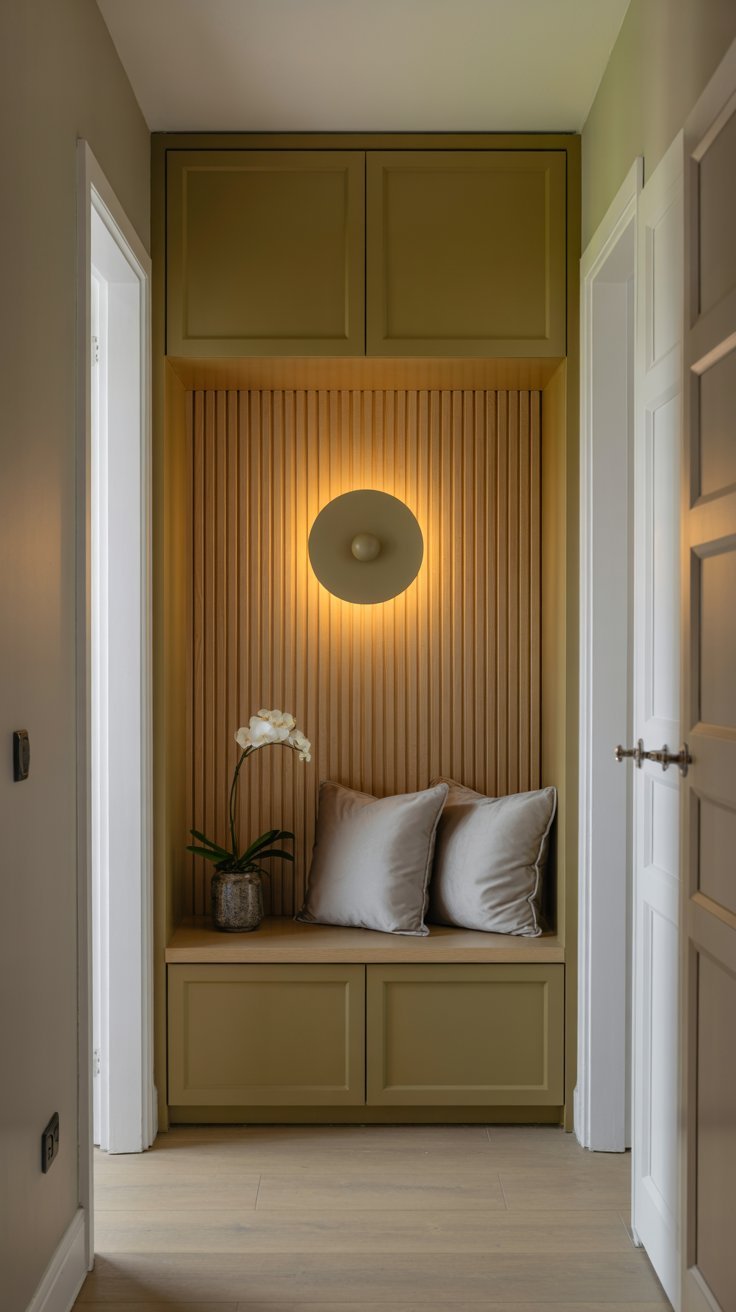 Niche d entrée vert olive avec mur en lattes de bois et applique murale dorée