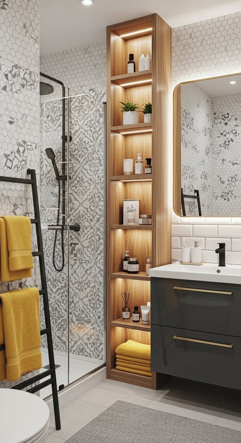 Niche de rangement verticale en bois avec éclairage LED intégré