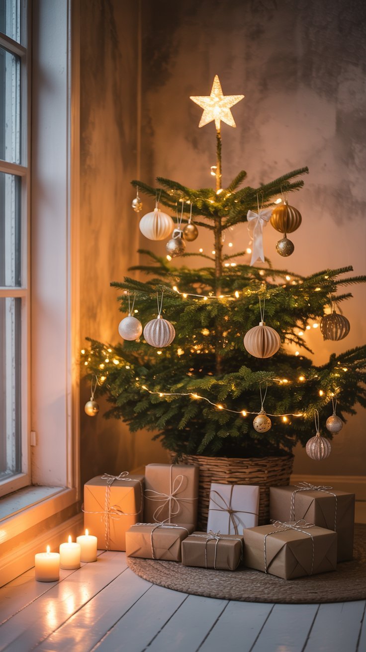 Petit sapin de Noël dans un panier avec des cadeaux emballés en papier kraft