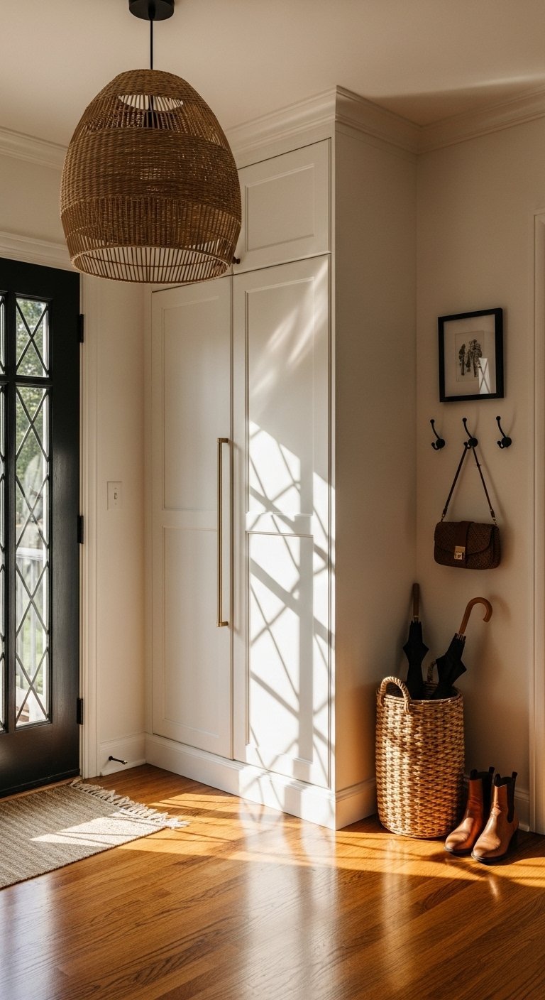 Placard blanc minimaliste avec de longues poignees dorees verticales
