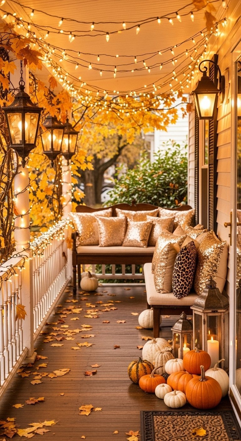 Porche de maison décoré pour l automne avec des guirlandes lumineuses et des citrouilles