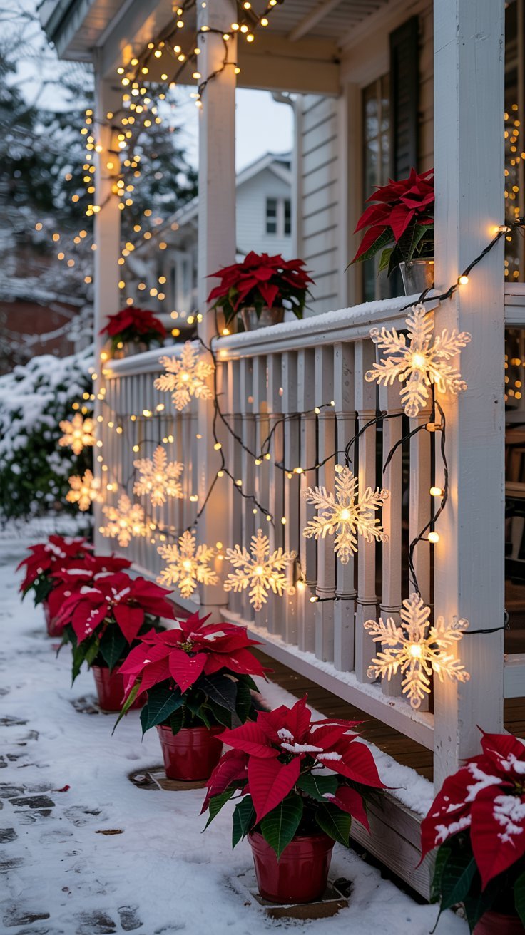 Porche en bois decore avec des poinsettias et une guirlande de flocons