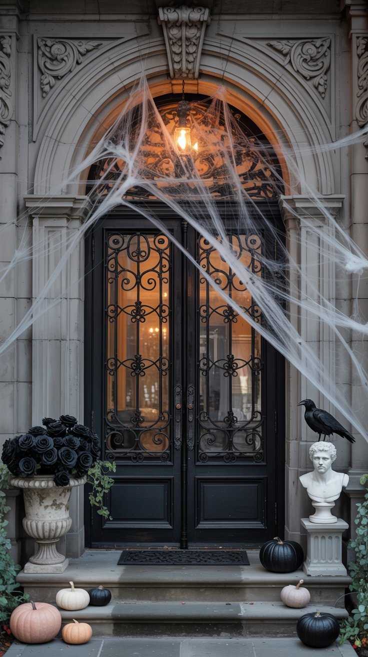 Porte d entree noire avec des toiles d araignee un corbeau et des citrouilles noires