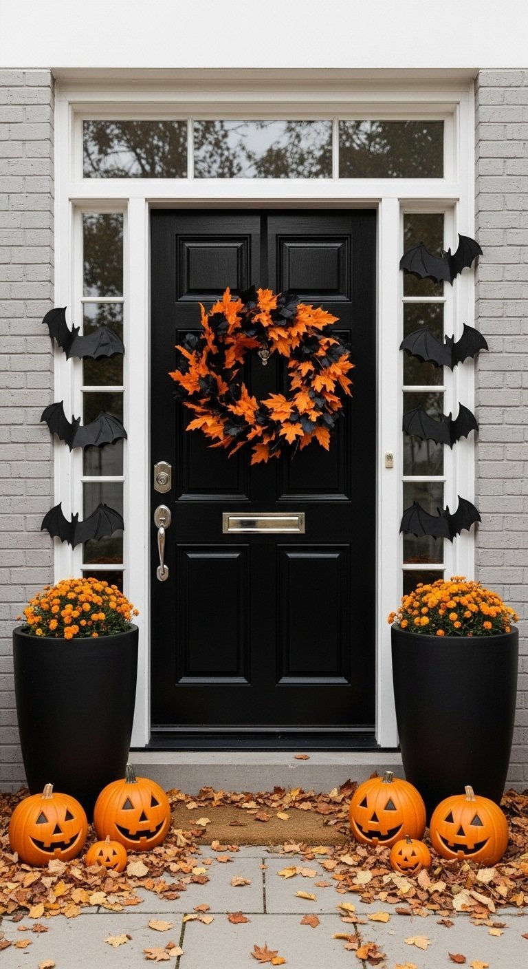Porte noire avec couronne orange et noire et chauves souris en papier