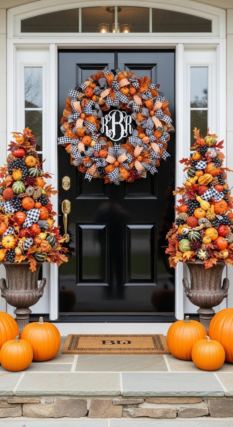 Porte noire avec une grande couronne d automne et des topiaires de citrouilles