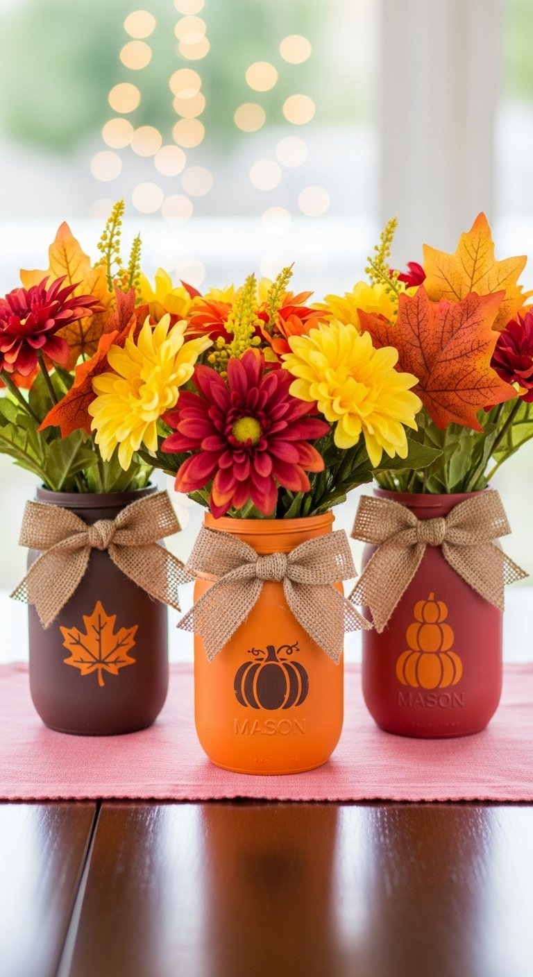 Pots Mason peints en orange et marron avec des fleurs artificielles