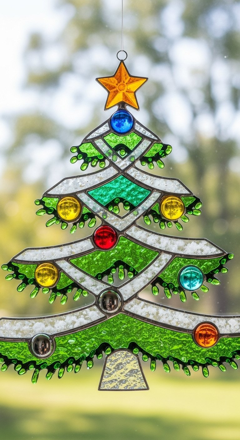 Sapin de Noël en vitrail décoré de boules multicolores et d une étoile jaune