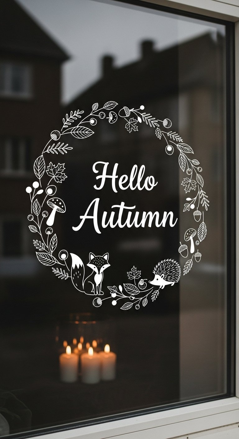 Sticker blanc Hello Autumn sur une vitre avec reflet de bougies