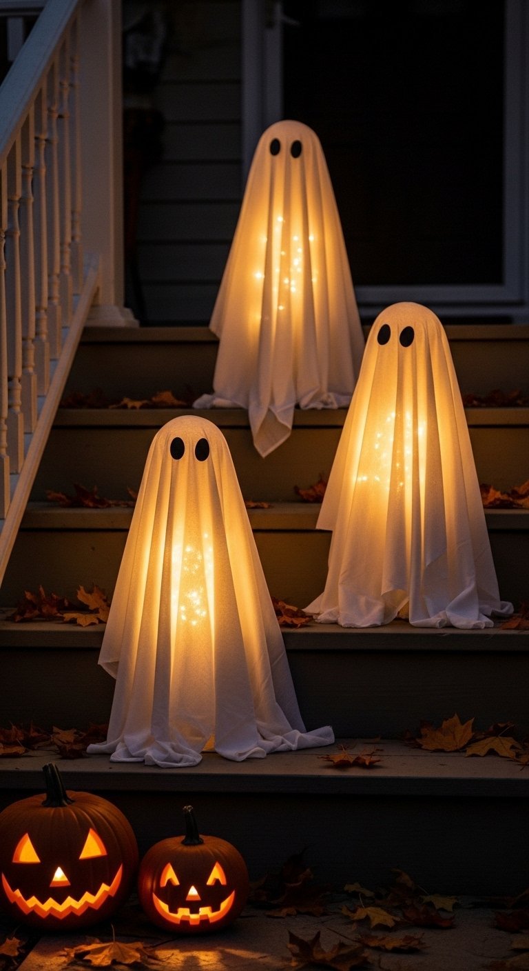 Trois petits fantômes illuminés par des guirlandes led sur des marches