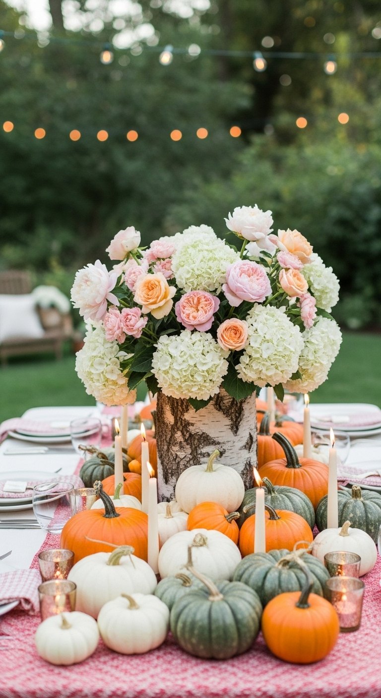 Vase en tronc de bouleau avec bouquet de fleurs et citrouilles colorées à la base