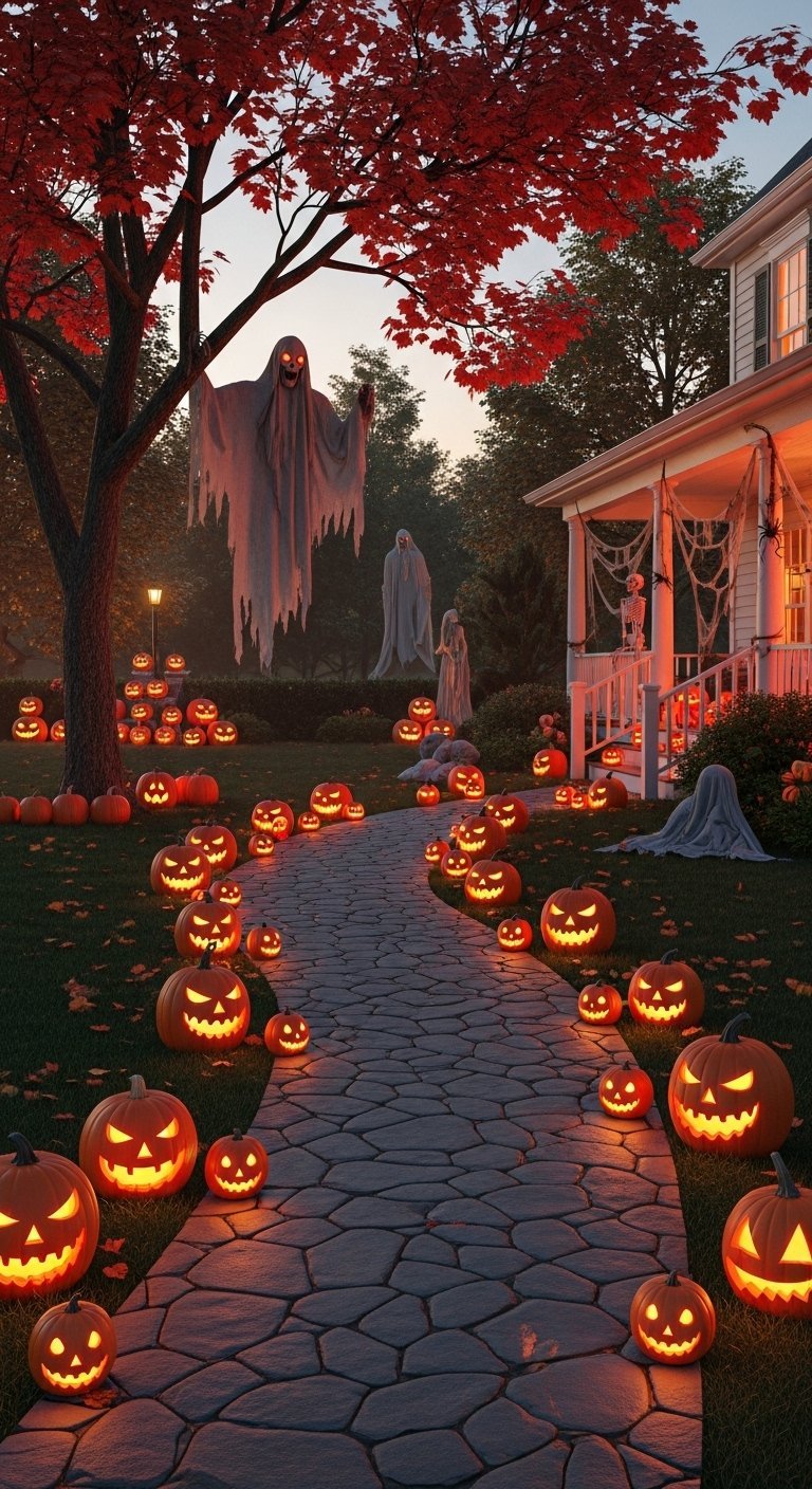 Allee de jardin entierement bordee de citrouilles d halloween illuminees