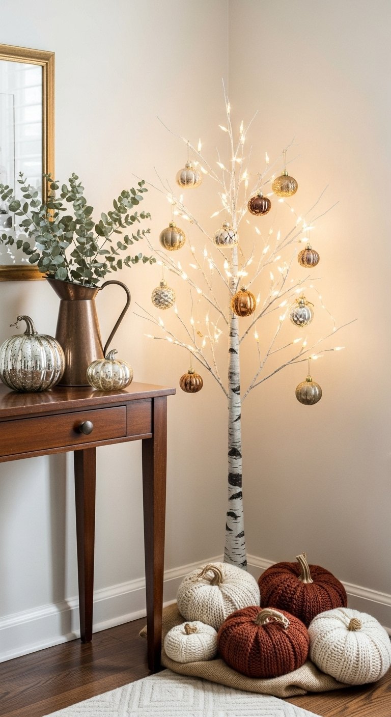 Arbre de bouleau lumineux blanc decore avec des ornements de citrouille metalliques