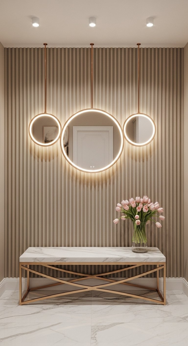 Banc en marbre blanc et laiton devant un mur a lattes avec trois miroirs ronds suspendus
